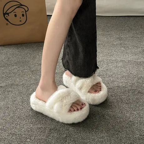 网红一字毛毛拖鞋女2023年秋冬新款爆款百搭厚底增高毛绒棉拖外穿商品大图