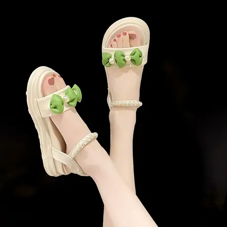 甜美凉鞋女2023夏季新款仙女风可爱学生鞋厚底蝴蝶结一字凉鞋百搭商品大图