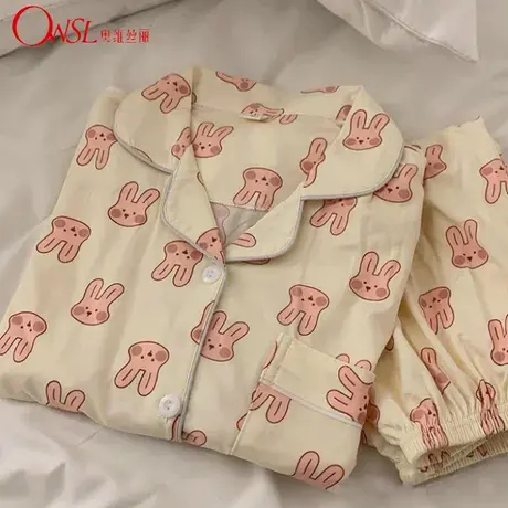 ins粉兔兔卡通睡衣女网红春秋季新款长袖棉休闲家居服商品大图