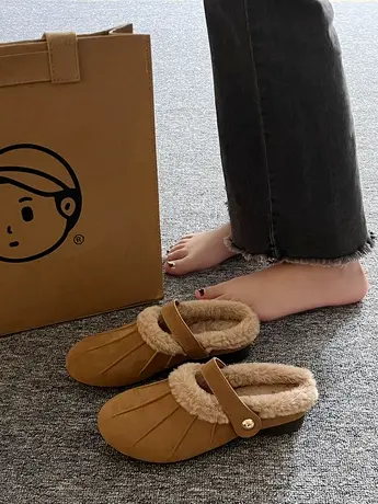 法式复古毛毛拖鞋女外穿秋冬加绒包头半拖平底一脚蹬玛丽珍棉拖鞋商品大图