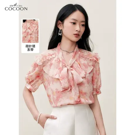 miss COCOON轻薄印花短袖雪纺衫女2023夏装新款温柔气质别致上衣商品大图