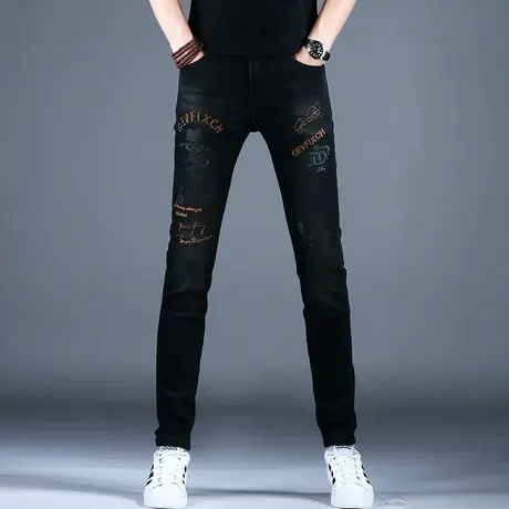 男士新款牛仔裤子时尚修身刺绣百搭小脚裤棉弹男潮牌美式休闲2023图片