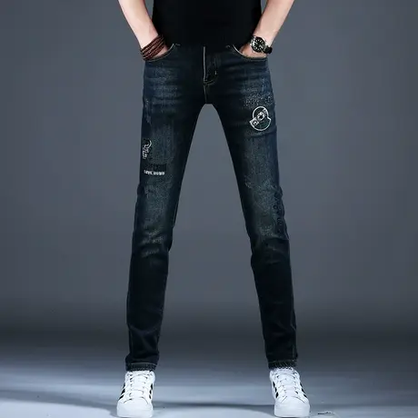 欧洲站男士新款高档烫钻牛仔裤男款潮牌修身刺绣小脚裤子2023新款商品大图