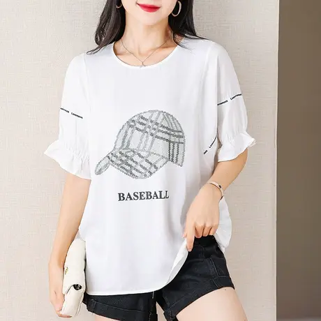 伊自尚2023年新款女装大码夏季韩版微胖妹妹宽松显瘦短袖字母t恤商品大图