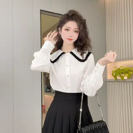 木耳边娃娃领简约甜美上衣春季新款衬衫女泡泡袖洋气百搭打底衬衣商品大图