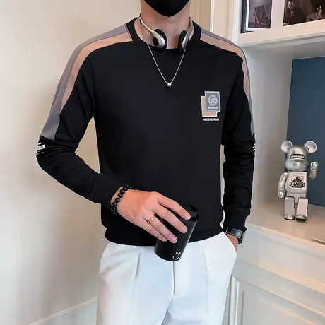 春秋季设计感痞帅圆领拼色百搭卫衣休闲潮流长袖上衣T恤修身体恤商品大图