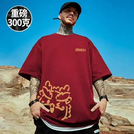 2025新款重磅潮牌宽松国潮T恤短袖五分袖纯棉黑色加肥加大码男装商品大图