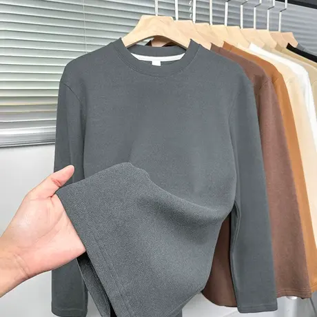 重磅双面德绒t恤男长袖圆领纯色上衣服秋冬季加绒保暖内搭打底衫图片