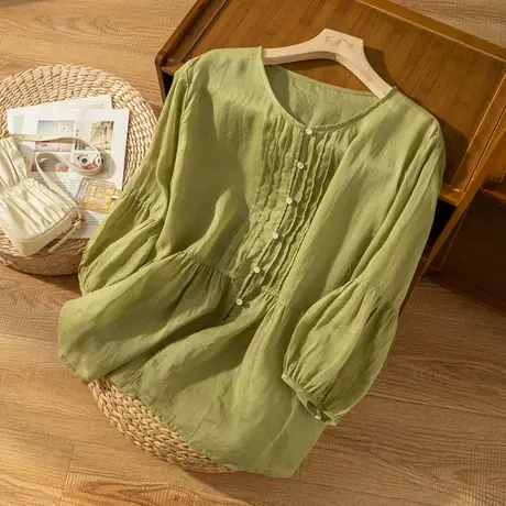 七分袖苎麻上衣琴褶宽松法式复古棉麻衬衫高级感夏天薄款2022新款商品大图