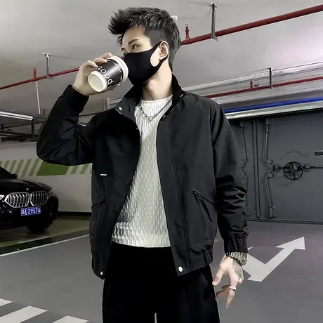 潮牌立领工装外套男春季爆款潮牌痞帅纯色休闲短款飞行员夹克上衣商品大图