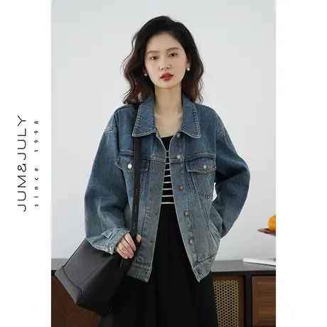 嘉茱莉春季外套女渐变复古牛仔外套翻领莱赛尔天丝上衣宽松短外套商品大图
