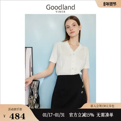【紫雾春城】Goodland美地女装2023夏季V领短袖荷叶边针织衫商品大图