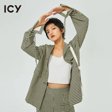 icy春秋新款复古西装翻领绑带喇叭长袖格纹外套女图片