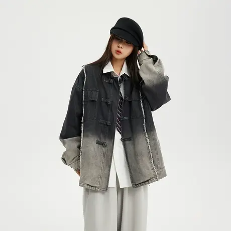 复古国潮新中式盘扣外套女2024年春秋新款渐变色夹克宽松国风上衣图片