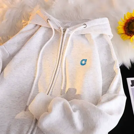 设计感连帽卫衣女秋冬加绒加厚ins潮牌港味chic宽松大码开衫外套图片