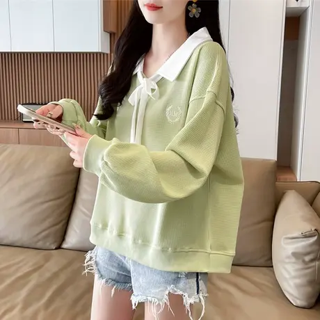 华夫格设计感polo领卫衣女春秋韩版宽松薄款蝴蝶结假两件上衣外套图片