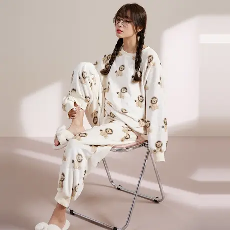唐狮加厚睡衣套装女新款秋冬宽松长袖长裤家居服两件套可外穿图片