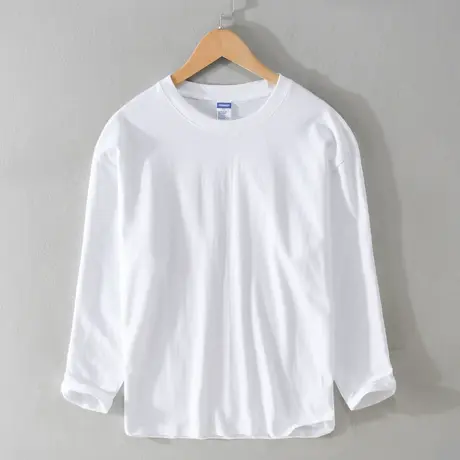 纯棉男士T恤春夏季新款宽松休闲透气男圆领长袖全棉白色打底衫潮商品大图