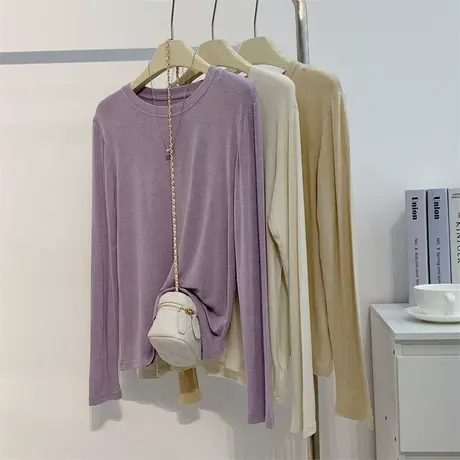 温柔色系长袖圆领打底衫女软糯垂感修身内搭舞蹈服练功服上衣韩版商品大图