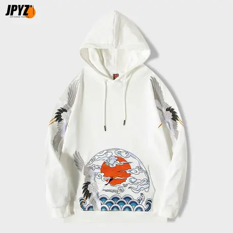 国潮仙鹤刺绣连帽卫衣男春秋ins潮流宽松秋冬男生长袖男士上衣冬商品大图