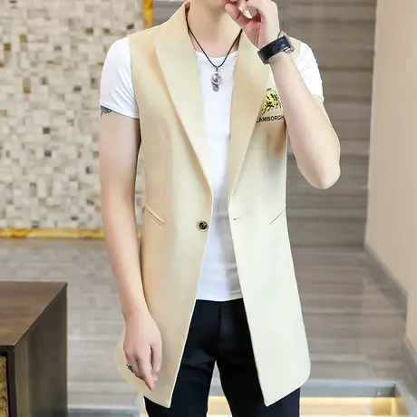 春夏季男士中长款薄款风衣无袖帅气马甲外套潮男韩版理发型师披风图片