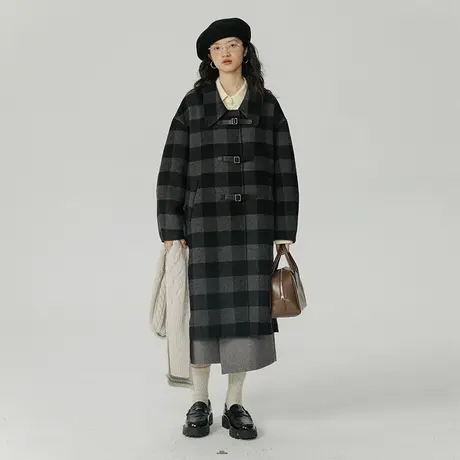 omont蛋挞家 格子羊毛双面呢大衣女冬季2023新款中长款毛呢外套商品大图