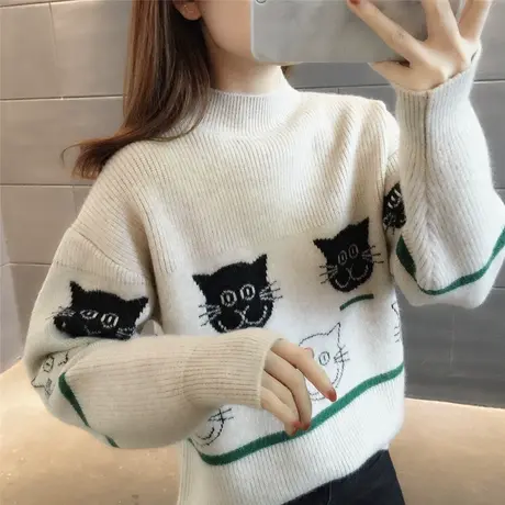2023秋冬新款软糯系针织打底衫提花猫咪复古加厚慵懒新年红色毛衣商品大图
