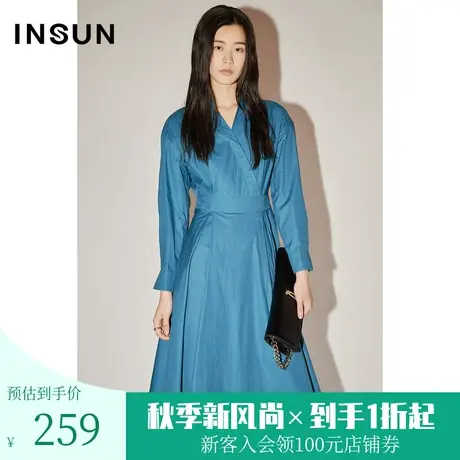 恩裳COVER初春秋新疆棉亲肤流行卡布里蓝收腰时尚优雅连衣裙女图片