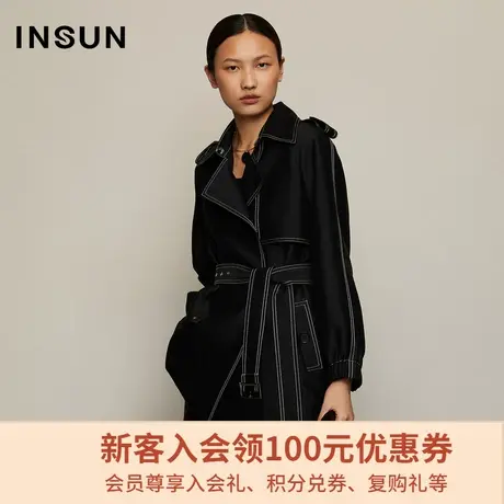 恩裳春秋季设计师联名款都市摩登绵羊毛明线短款风衣外套图片