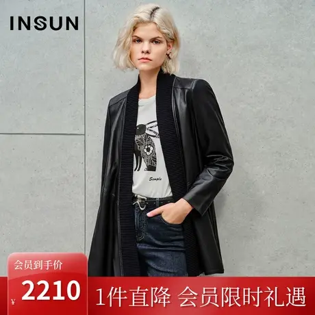 恩裳2023秋季新款针织拼接绵羊皮宽肩黑色皮衣随性腰带干练外套女商品大图