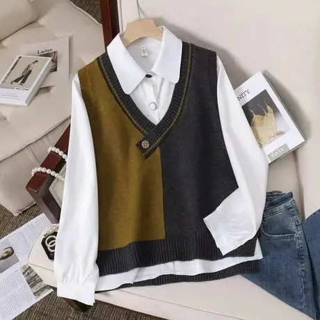 复古v领拼色背心马甲女春装2023新款宽松套头坎肩马夹洋气百搭女图片