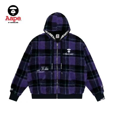 Aape旗舰店男装秋冬猿颜字母刺绣格纹拉链连帽卫衣外套3830XXH图片