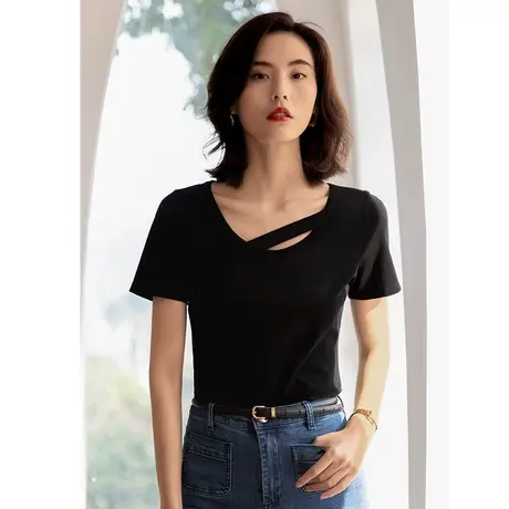 弥古设计感小众黑色圆领短袖t恤女法式锁骨显瘦上衣夏内搭打底衫图片