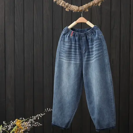 复古文艺水洗牛仔裤女夏季2023年新款松紧腰宽松显瘦休闲裤八分裤图片