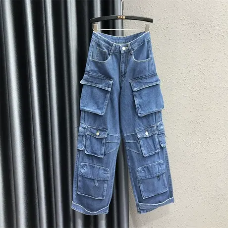 2023秋季欧洲站休闲水洗牛仔裤设计感个性多口袋高腰直筒长裤女潮图片