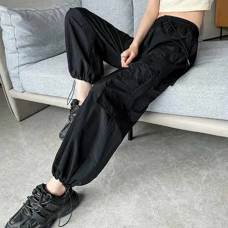 黑色工装裤女春秋新款松紧抽绳高腰宽松美式束脚直筒运动休闲裤潮商品大图