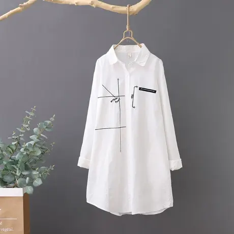 白衬衫女设计感小众春装新款2023中长款刺绣纯棉长袖衬衣宽松女装商品大图