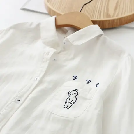 春装新款学生宽松双层棉纱长袖白衬衫女文艺刺绣柔软百搭打底衬衣商品大图