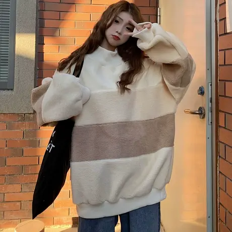 羊羔毛高领卫衣女2020秋冬宽松韩版ins上衣加绒加厚waitmore外套商品大图