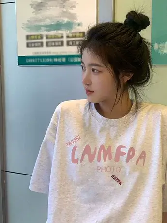 灰色纯棉短袖t恤女夏季oversize美式复古潮牌圆领宽松半袖上衣服图片