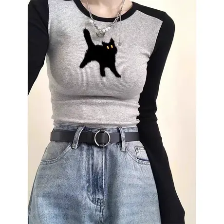 甜辣妹风拼色长袖t恤女春秋季紧身内搭打底衫短款修身显瘦上衣服图片