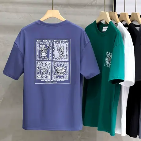 男装潮流卡通印花短袖T恤 2023夏季新款圆领丝光棉宽松体恤衫上衣商品大图