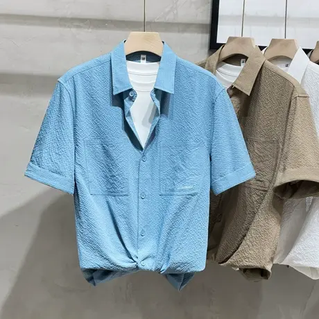 夏季男士衬衫短袖潮牌潮流高级感痞帅气休闲百搭日系纯色衬衣穿搭图片