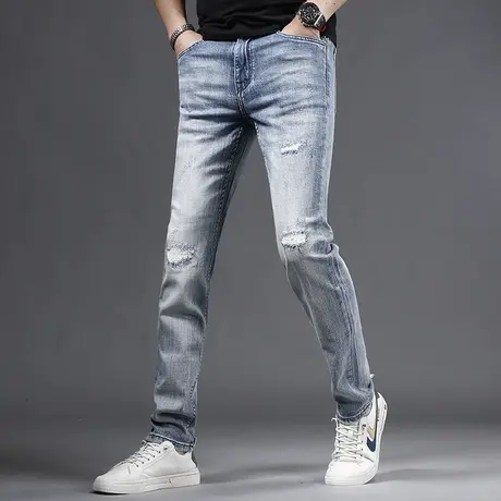 2023新款牛仔裤男款直筒修身破洞潮流春夏季水洗弹力潮牌男士裤子商品大图