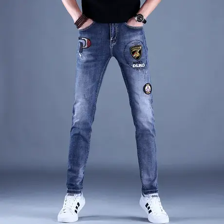 男士高端刺绣牛仔裤男秋款男款修身小脚2023新款潮牌休闲裤子弹力商品大图