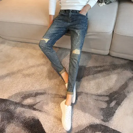 2023春夏新款破洞牛仔裤潮男士油漆点缀九分裤百搭小脚裤破洞裤图片