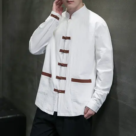 中国风棉麻长袖衬衫男唐装立领新中式汉服中山装盘扣国潮衬衣外套图片