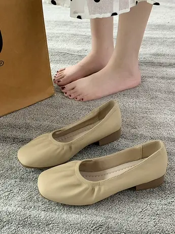 晚晚风单鞋夏季女中跟2023年新款浅口百搭一脚蹬妈妈鞋软皮豆豆鞋商品大图