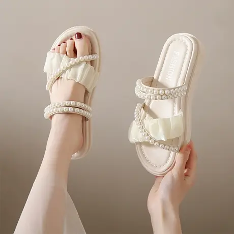 松糕凉鞋女夏2023年新款时尚百搭网红珍珠厚底两穿罗马沙滩凉拖鞋图片