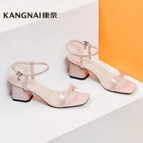 康奈官方女鞋透明凉鞋女夏季粗跟方头简约时尚百搭一字带中高跟鞋商品大图